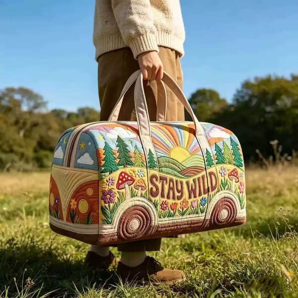 Outdoor Adventure Quilt - Vintage Camper Van Quilted Duffle Bag